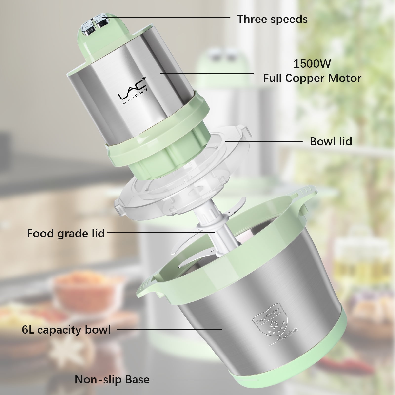 LAC LAICHY 3-Speeds 24 Cup Large Electric Meat Grinder,Electric Chopper,Food Processor with 4- Stainless Steel Blades,1500W High power Copper Motor For Meat,Baby Food,Green
