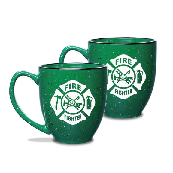 Firefighter 15 oz Green Bistro Mug - Set of 2