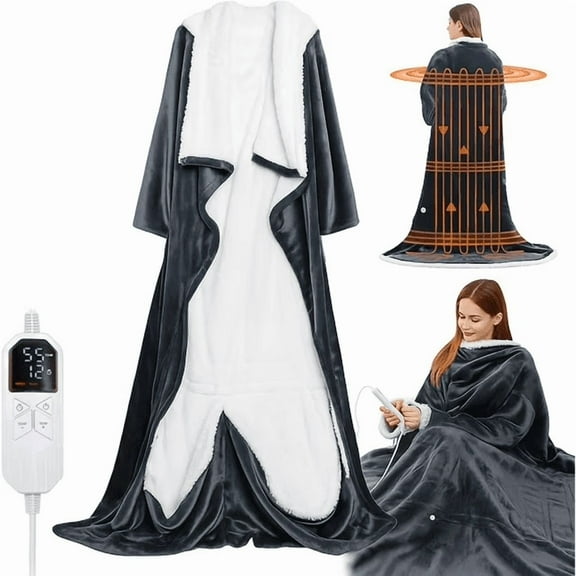Wearable Heated Blanket with Foot Pocket, 50"x70" Electric Snuggle Throw Blankets for Women, 6 Heating Levels, 2-10 Hour Timer, Cozy Heated Robe for Couch, Bed, Office(1pcs)