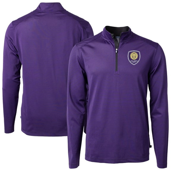Men's-Cutter & Buck  Purple Orlando City SC Virtue Eco Pique Micro Stripe Recycled Quarter-Zip Top
