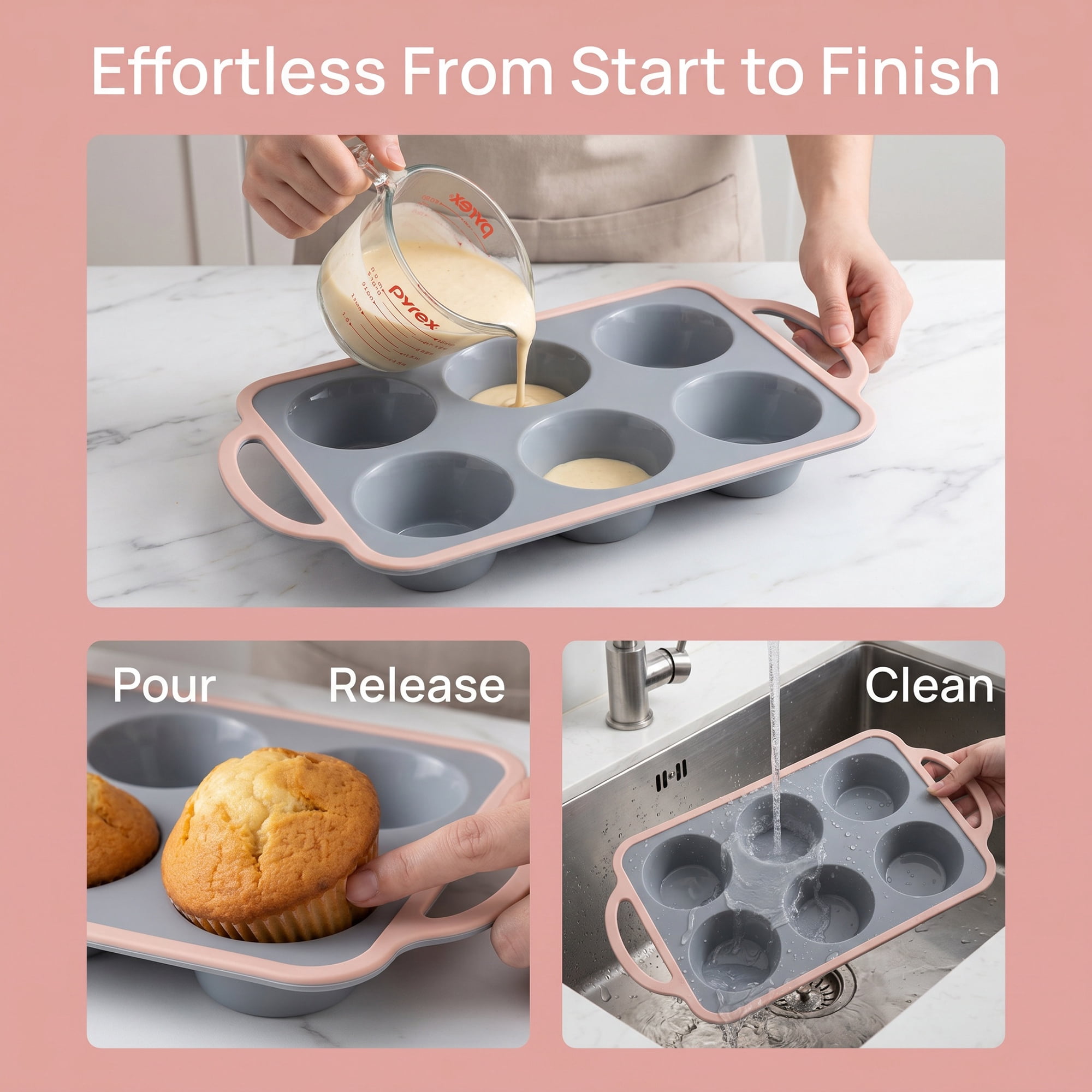Unique Bargains Baking Pan 12-Cup Nonstick Silicone Tray with Dual Handles Gray/Pink 12.8"x7.1"x1.5"
