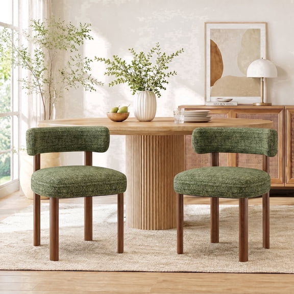 AFO Upholstered Dining Chairs Set of 2 with Solid Wood Legs, Mid-Century Modern Fabric Kitchen Chairs for Dining Room and Cafe, Green