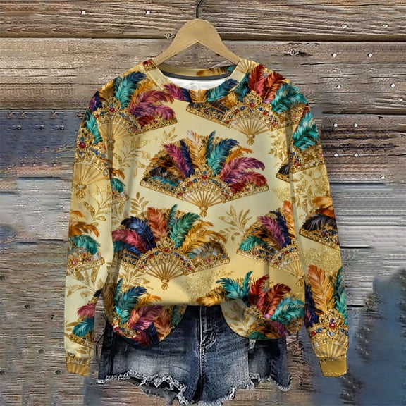 UTSJKR Mardi Gras Sweatshirt Women Crewneck Carnival Pullover Casual Mardi Gras Print Long Sleeve Fleece Top Multicolor L