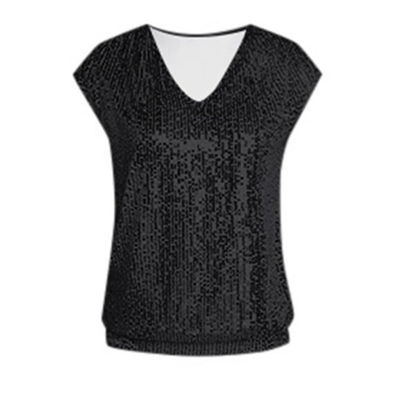 DuoJiaJ Women's Sequin V Neck Tank Top Glittering Party Wear With Style Women’s Blouses Black