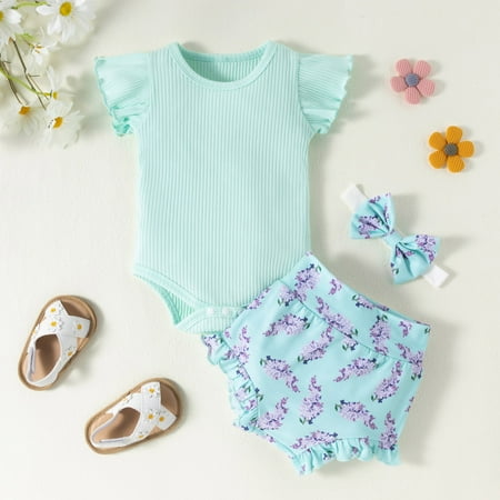 Quaouag Newborn Baby Girl Summer Clothes Ruffle Ribbed Romper Vintage Floral Bloomers Shorts Outfit Infant Gift Set