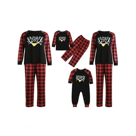

Imcute Christmas Family Parent-child Pajamas Cartoon Antlers Print Tops and Plaid Pants Sleepwear Loungewear
