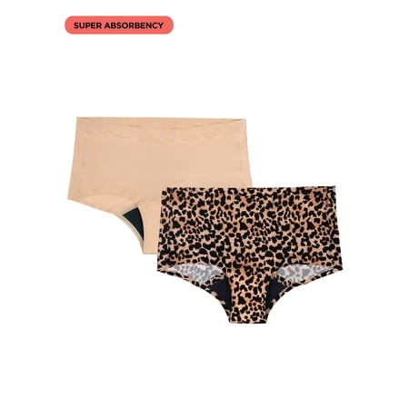 No Boundaries Boyshort Super Absorbency Period Underwear, 2-Pack, Women’s Sizes XS-XXL