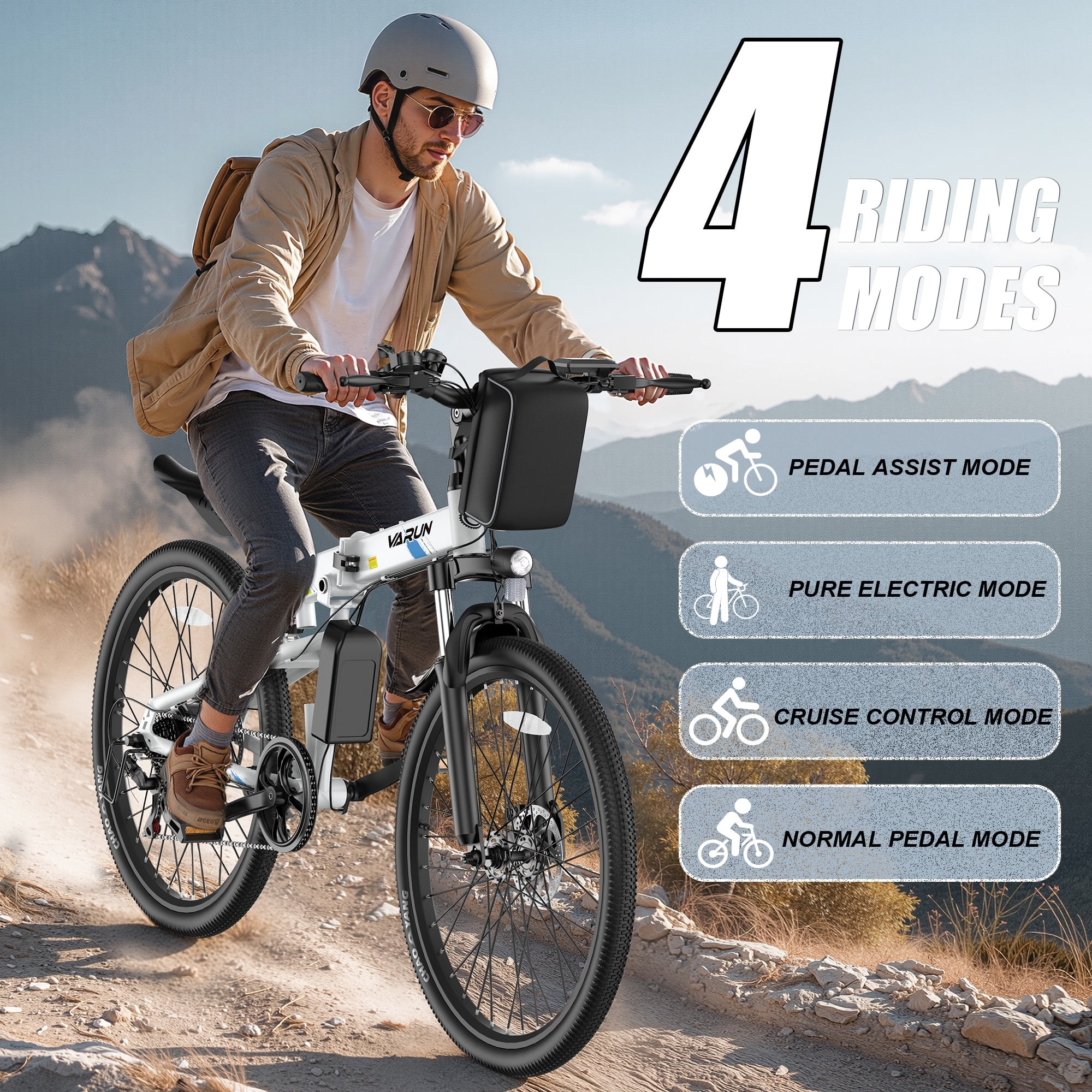 VARUN Electric Bike, 26" Foldable E-Bike, 750W Peak Motor, 48V Removable Battery (50-Mile), up to 20+ MPH, 7-Speed Gears, Full Suspension, E-Mountain Bike for Men & Women