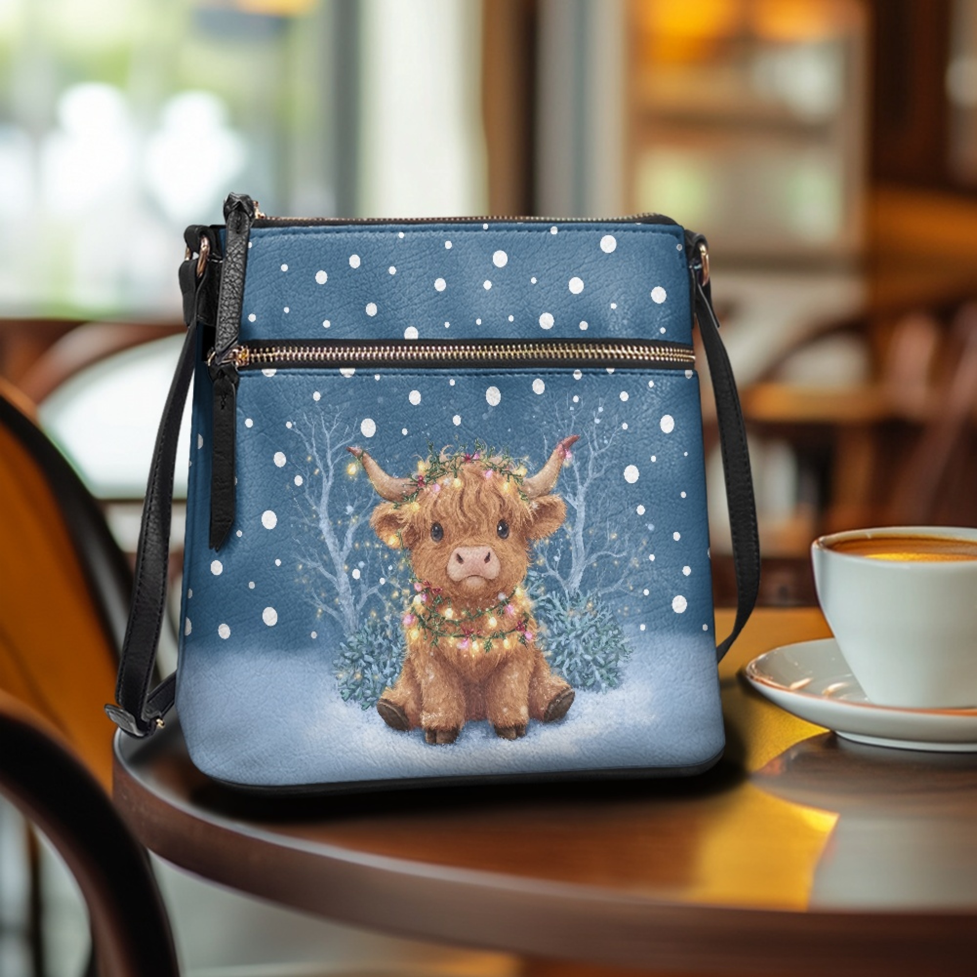 Kuiaobaty Highland Cow Snowflake Print Crossbody Bag for Women Travel, Zipped Pockets Leather Shoulder Purse Crossbody with Adjustable Strap, Waterproof Messenger Handbag for Christmas