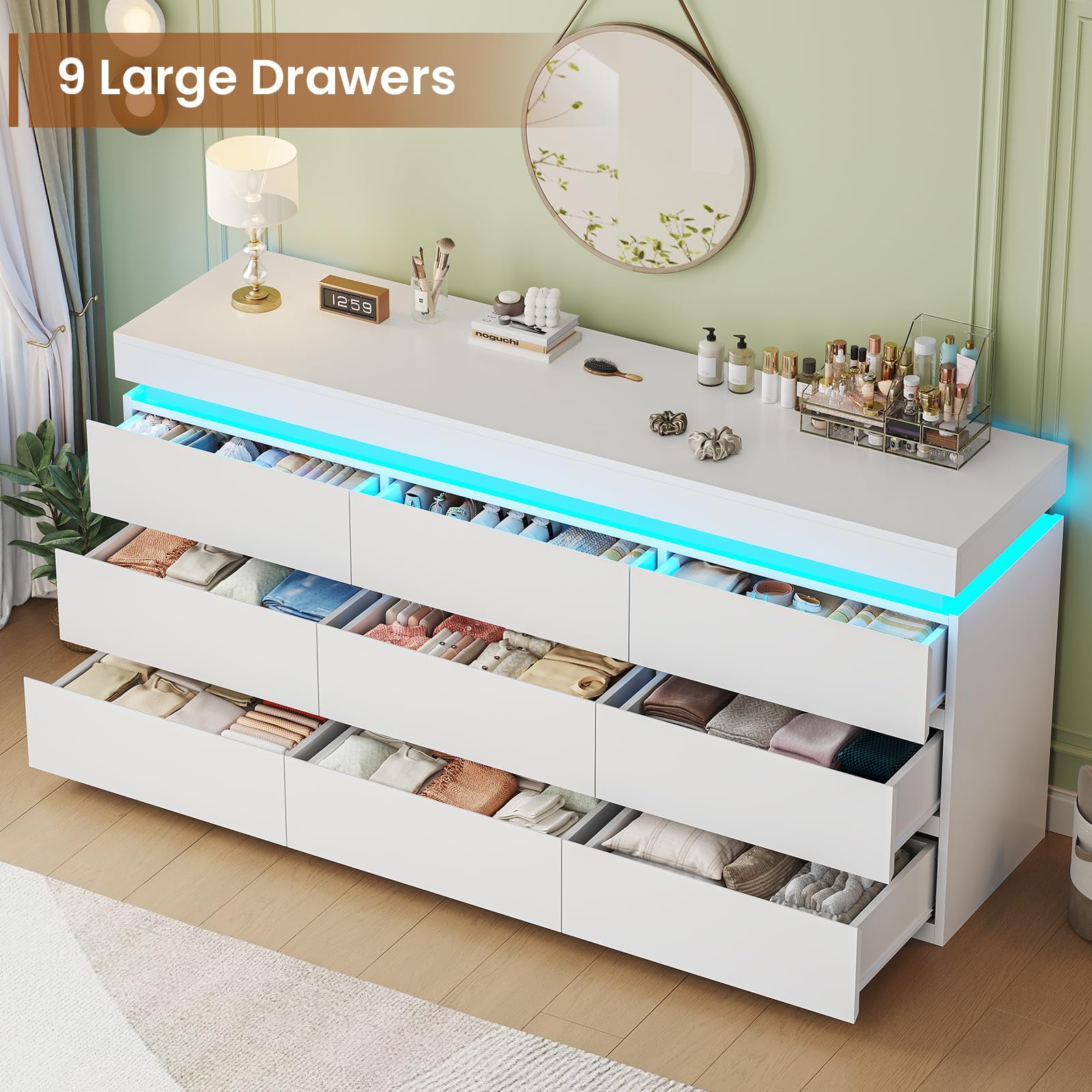Afuhokles Wide Dresser TV Stand with 9 Drawers Dresser for Bedroom Chests of Drawers for Living Room, White