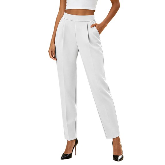 Xijirk Solid High Waist Pleated Cropped Tapered Dress Pants with Side Pockets for Women office Casual Daily Wear Size:S