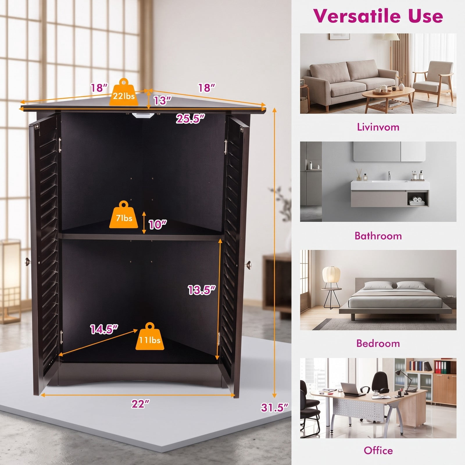 Fenbeli Bathroom Corner Floor Cabinet, Freestanding Wooden Storage Organizer with Shutter Door and Adjustable Shelf, Anti-Tipping Space-Saving Unit for Bathroom, Brown