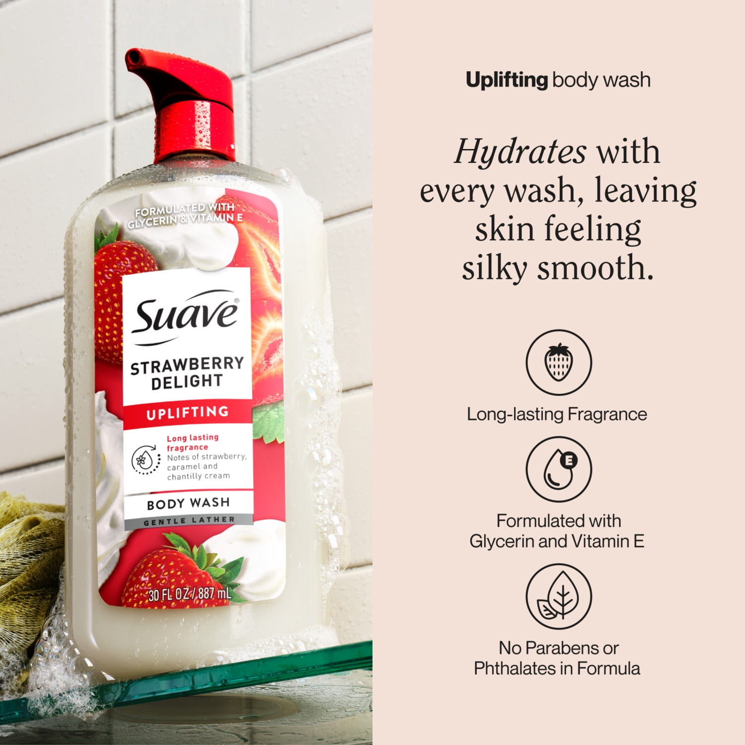 (4 pack) Suave Strawberry Delight Uplifting Body Wash, with Glycerin & Vitamin E, 30 fl oz Pump