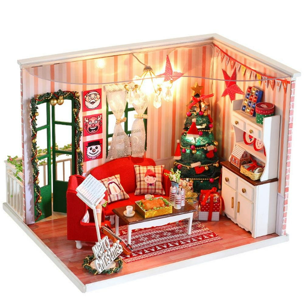LYUMO DIY Miniature Dollhouse Assembled Box Christmas House Model Kit