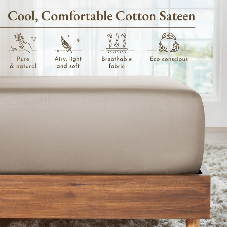 100% Cotton Fitted Sheet Queen Size - Sateen Weave, Deep Pocket (16"), Light Beige, 1 Bottom Sheet Only