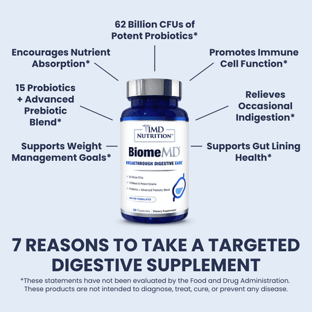1MD Nutrition BiomeMD Probiotics | 62 Billion CFUs, 15 Clinically Studied Strains - Pro & Prebiotics | Doctor-Formulated for Digestive Health & Immune Support | 30 Capsules