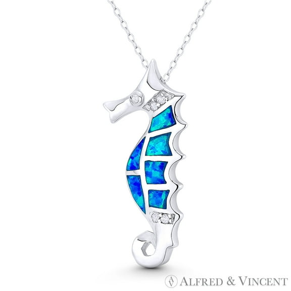 Seahorse Ocean Sealife Charm Created Opal & CZ Crystal 33x13mm (1.3x0.5in) Pendant in .925 Sterling Silver w/ Rhodium
