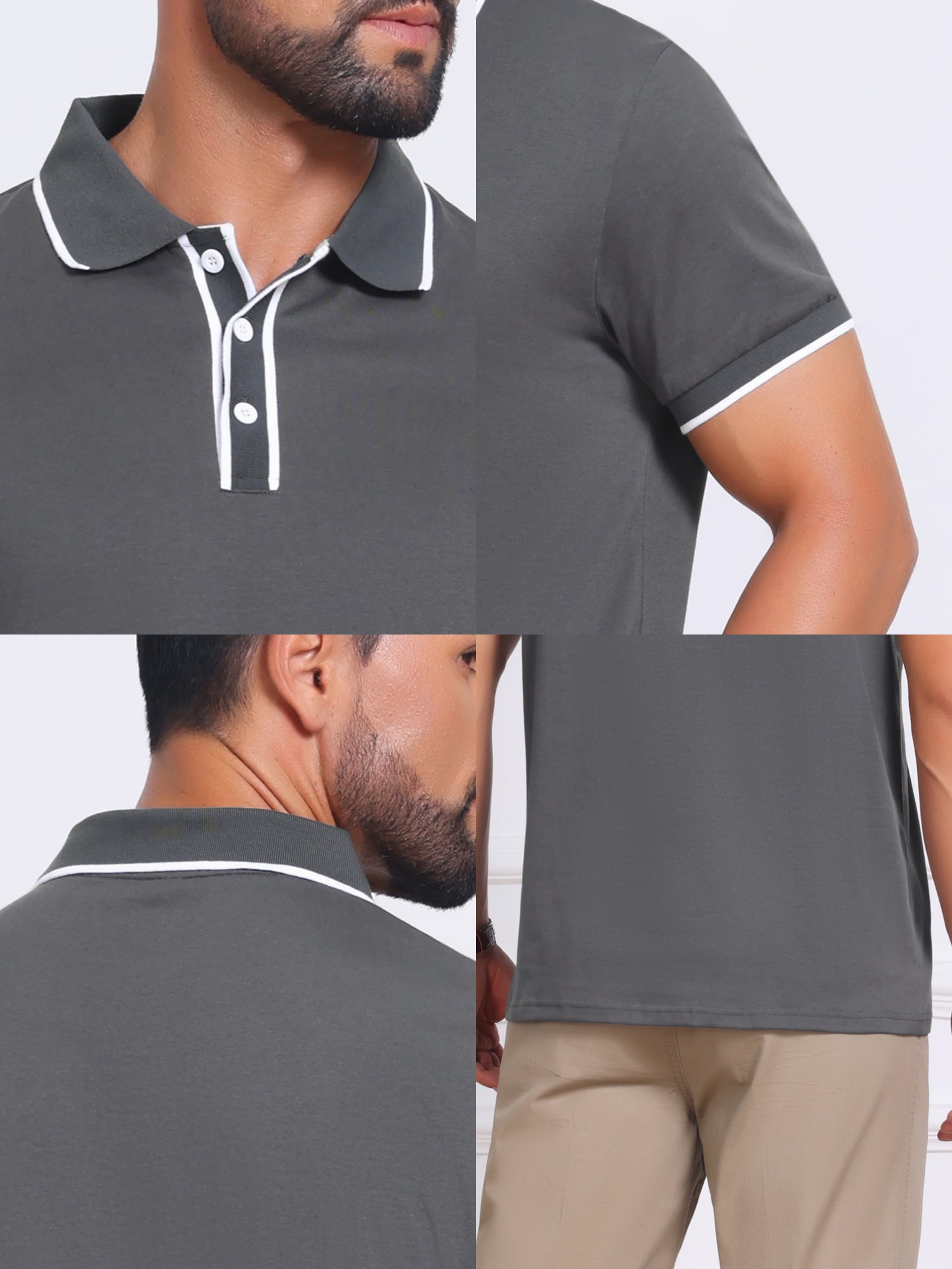 DARING DIVA Men's Contrast Trim Short Sleeve Button Closure Polo Shirts L Dark Gray