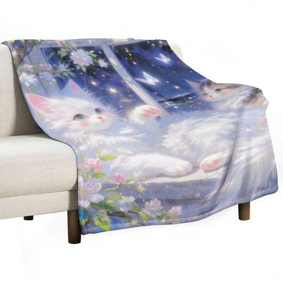 Cat Print Flannel Blanket Novelty Pattern Nap Blanket Sofa Room Office Soft Throw Blanket Outdoor Camping Warm Blanket