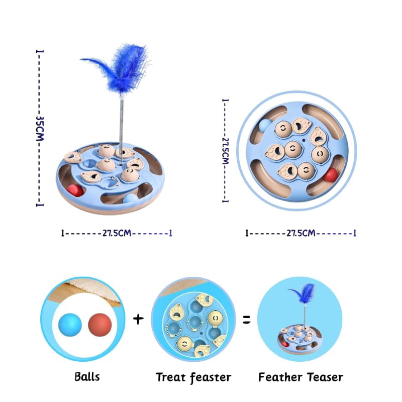 Cat Puzzle Toys,3 in 1 Cat Slow Feeder with Feather Teaser,Treat Dispenser,Balls Track,IQ Training and Mental Stimulating Enrichment Toys for Indoor Cats Interactive,Kitty Gift,Blue