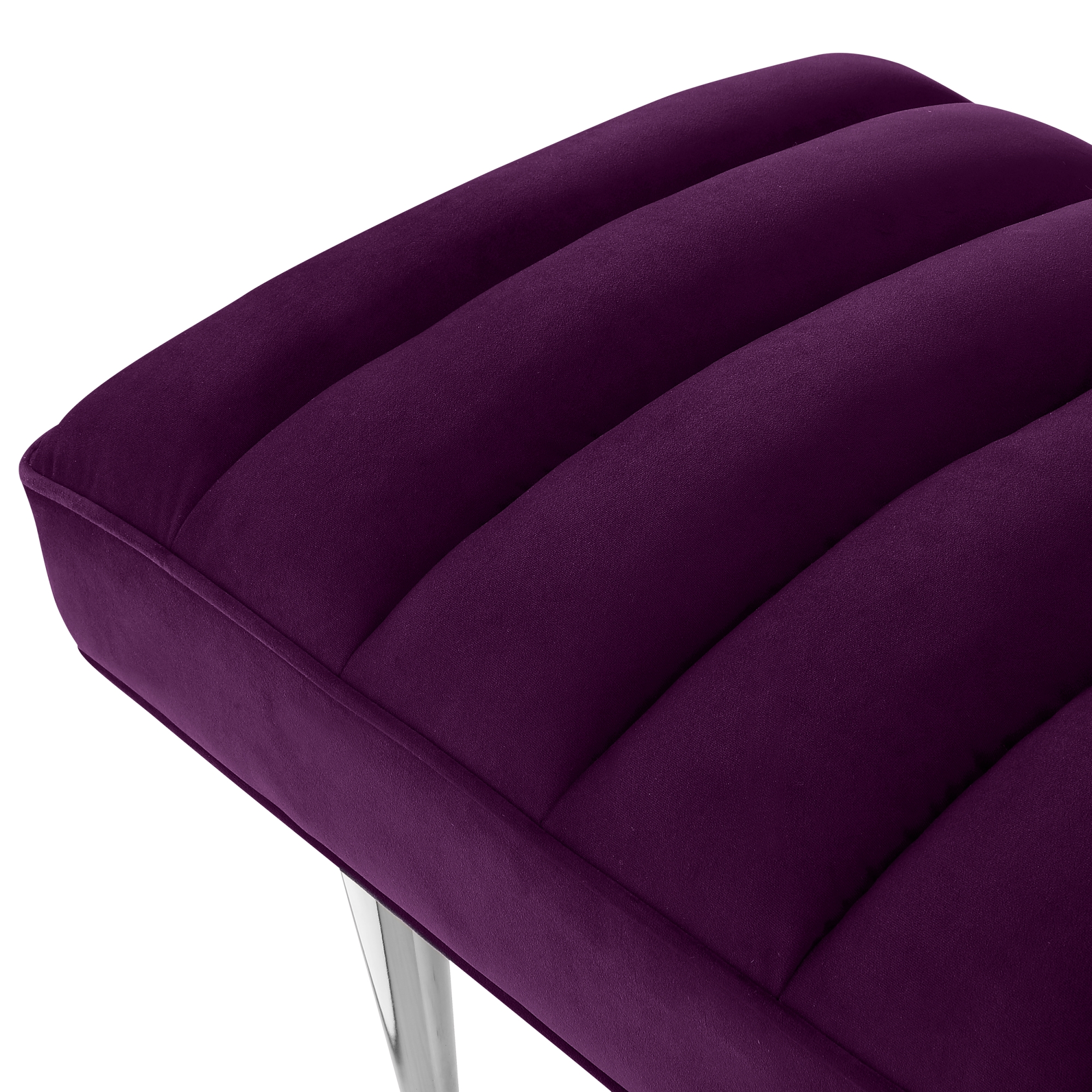 Bodie Purple/Chrome Velvet Bench - Upholstered, Channel Tufted, Tapered Mirrorred Lacquer Finish Stainless Steel Legs