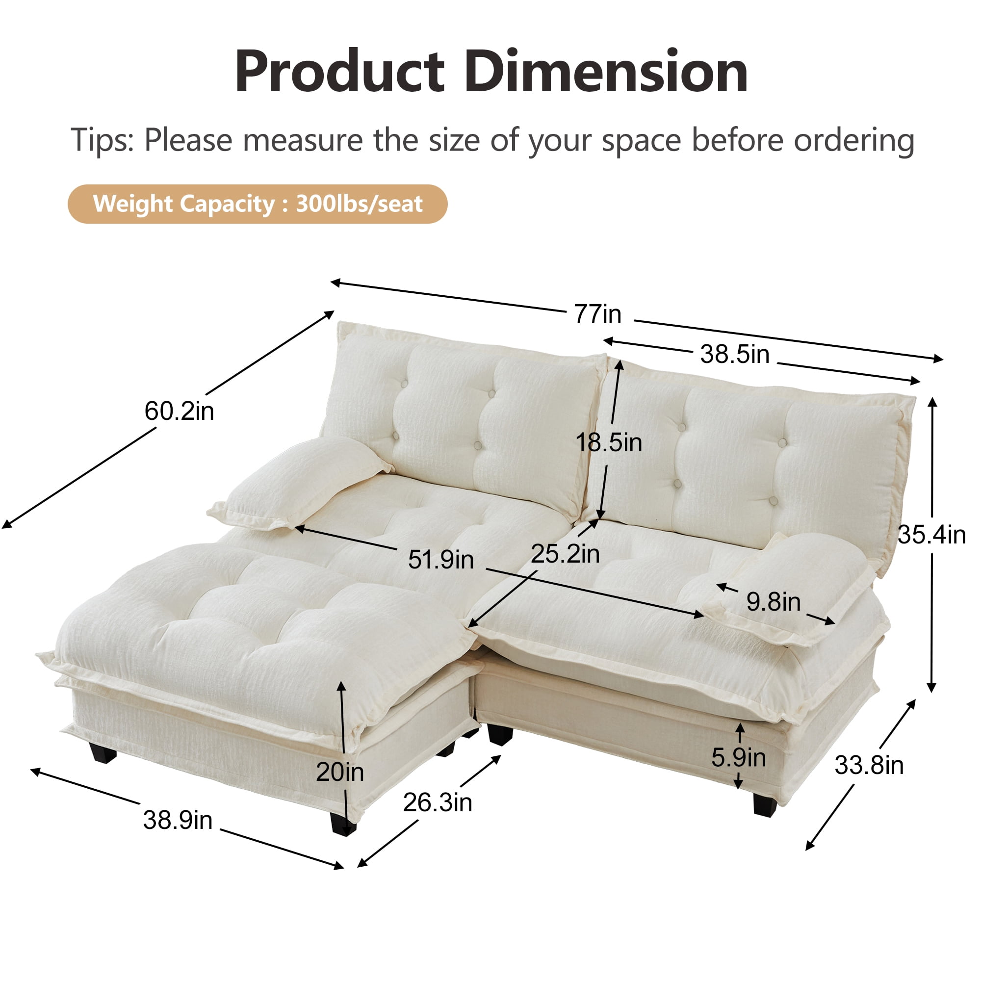 AISWORD 77" L-Shaped Modular Sectional Cloud Sofa with Ottoman, Chenille Fabric Deep Seat Couch with Lattice Decored Cushions