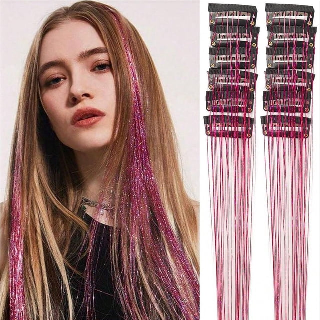 Jkkant 12-Pc Rainbow Glitter Hair Extensions, 20.5 Inch Clip In Kit for Christmas, Halloween & Party