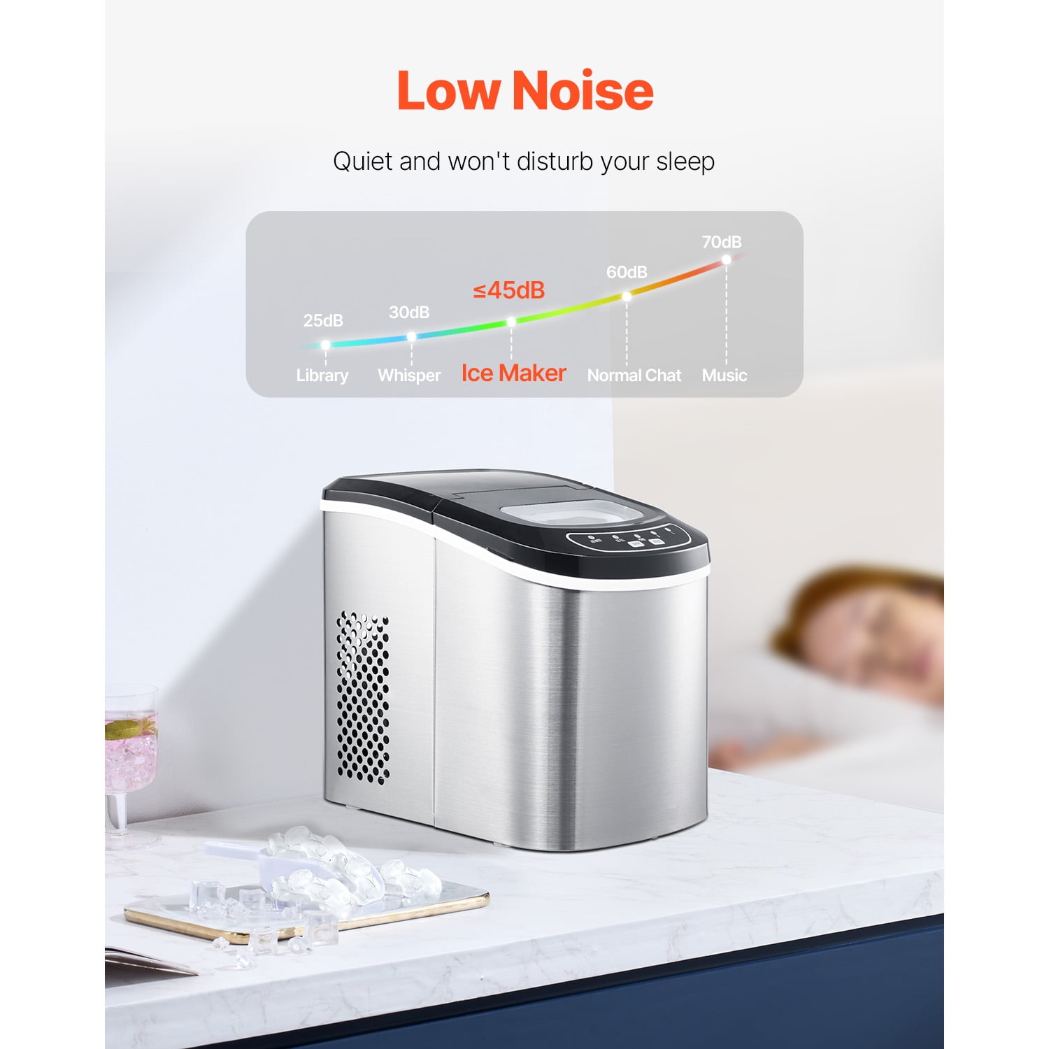 KFFKFF 33lbs/DAY Countertop Ice Maker Self-Cleaning 9 Ice Pieces in 6 Minutes Ice Maker with Ice Scoop and Basket 2 Sizes Bullet Ice