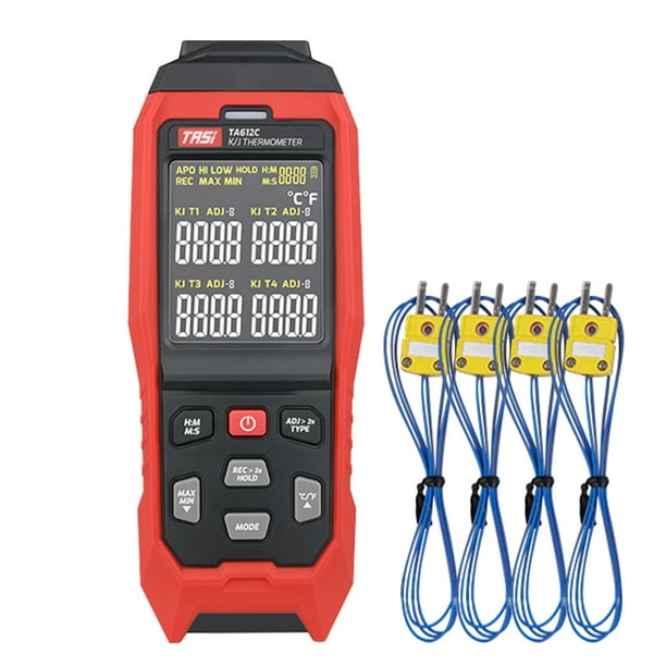 higrotermógrafo TASI TA612C Termómetro termopar tipo K/J de 4 canales -200~1372℃/ -328~2501℉ Medidor de temperatura LCD digital portátil 5000 Grupos Almacenamiento de datos con carga de datos USB y TASI higrotermógrafo