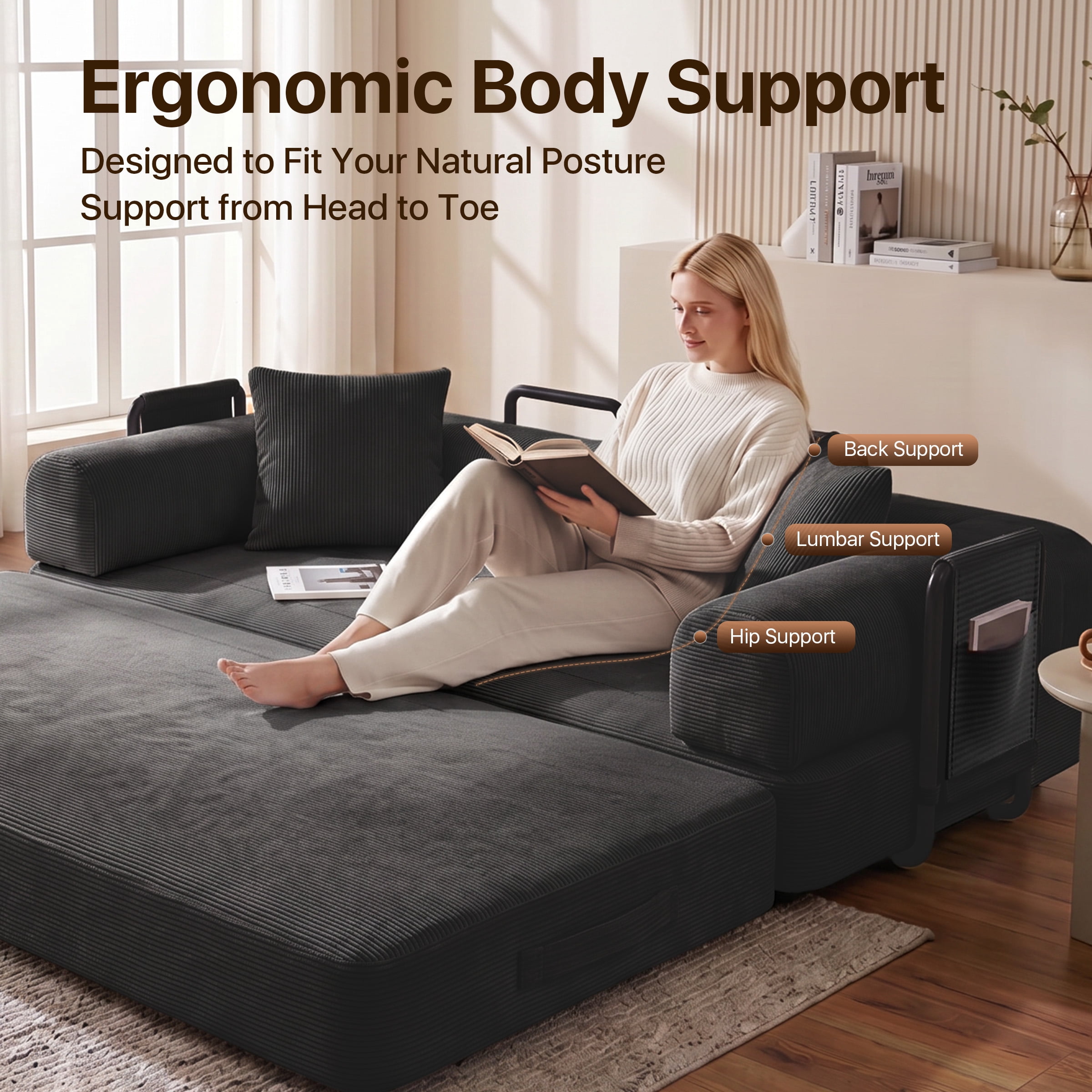 78" Convertible Sofa Bed with Two Storage Bag, Loveseat Couch with High Rebound Density Sponge for Living Room, Tool-Free Setup Love Seat with 2 Pillows, Black