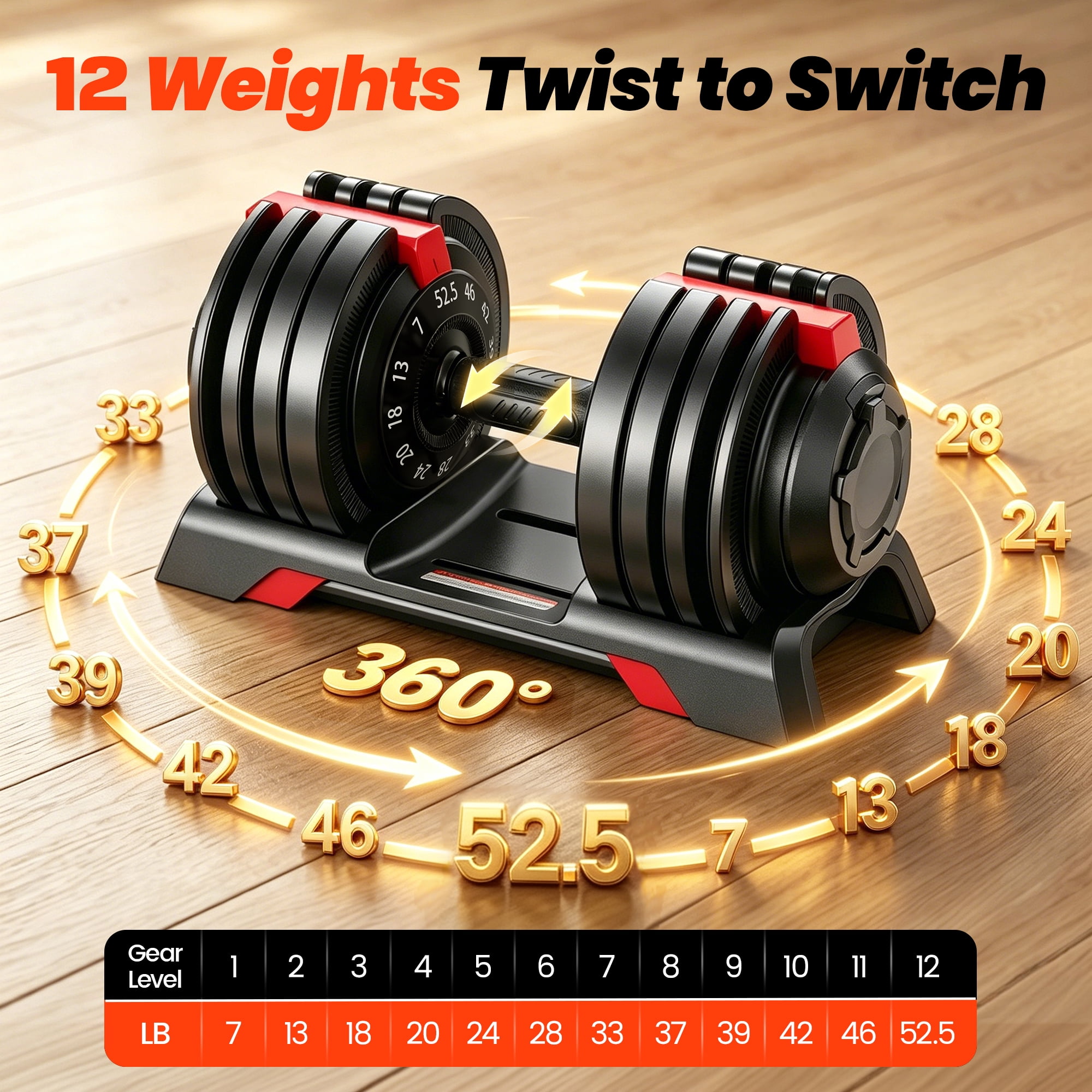 Adjustable Dumbbell Set 52.5-7 LBS, 12-in-1 Free Weight Adjustable Dumbbells, Quick-Adjust Dumbbells with Auto Safety Lock, Space-Saving Design, Home Gym Strength Training Equipment Men & Women