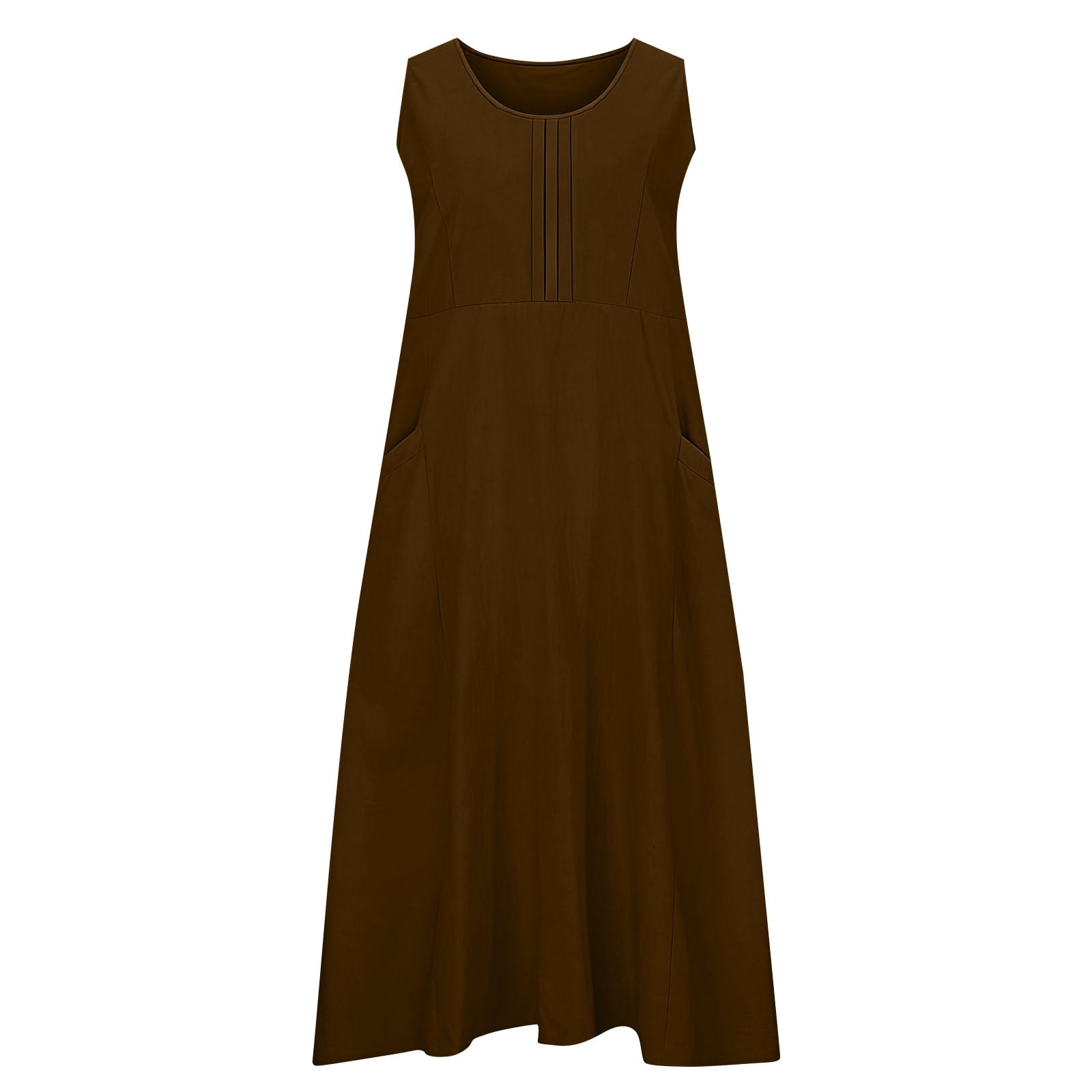 Dreluolixuan Womens Athletic Dress Linen Blend Crew Neck Sleeveless Shirred Tunic Flowy with Pocket Solid Soft Dress Elegant Holiday Loungwear