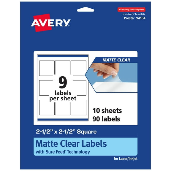 Avery Matte Clear Square Labels, 2-1/2" x 2-1/2", 90 Total