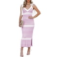 thumbnail image 2 of Women Summer Midi Bodycon Sweater Dress Sexy V Neck Tie Shoulder Striped Knit Side Slit Sleeveless Tank Dress, 2 of 5