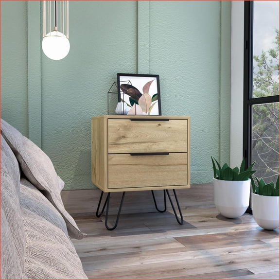 Augusta Light Oak Nightstand with 2 Drawers & Hairpin Legs