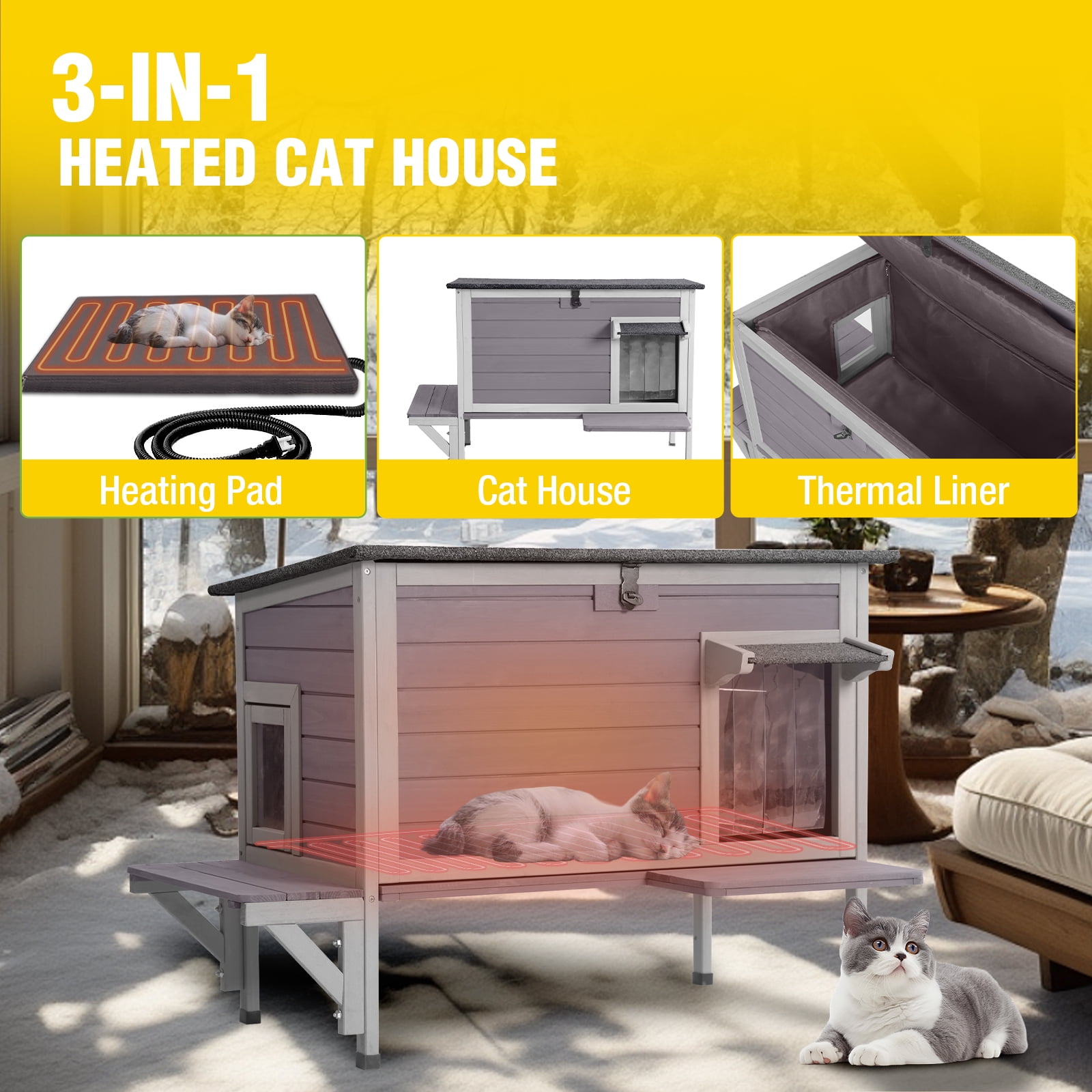 Aivituvin Heated Cat House for Outside Outdoor Insulated Cat House for Winter Weatherproof Shelter with Heated Pad, All-Round Thermal Liner