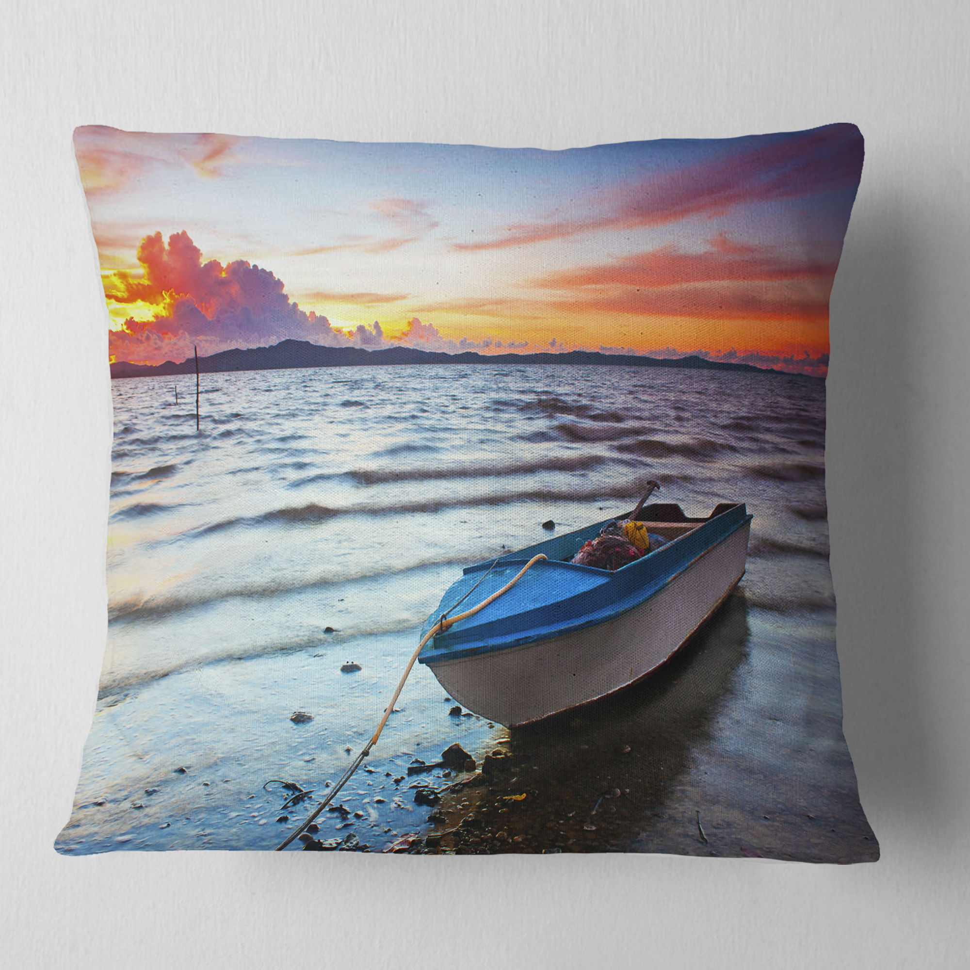 Designart Boat at the Sunset - Landscape Photography Throw Pillow - 18x18