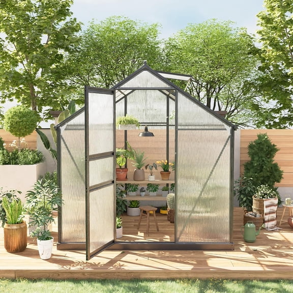 Senfot 6x6 FT Outdoor Walk-In Greenhouse, Heavy-Duty Aluminum Frame & Polycarbonate Panels, Vented Roof, Wind Protection for Backyard Patio Gardening
