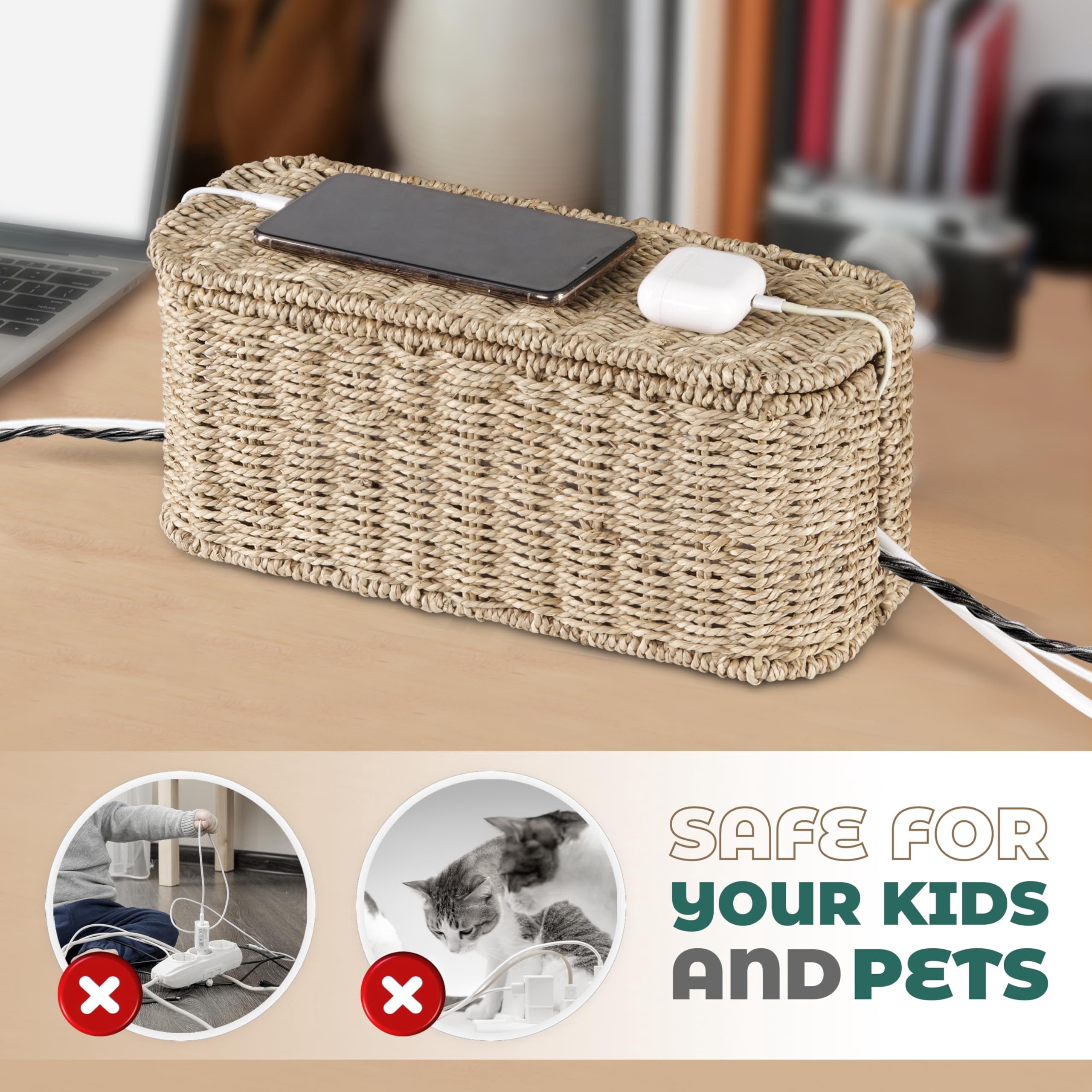 Large Cable Management Box  Rattan Cord Organizer Boxes For Power Strip - 2 Open Slots Cords Hider Tv Wires Computer Router Usb Hub And Under Desk