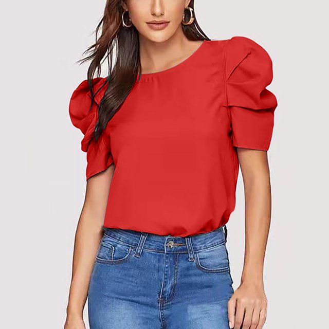 WAIIMAK Summer Womens Tops Solid Color Round Neck Blouse Pleated Puff Short Sleeve Tops