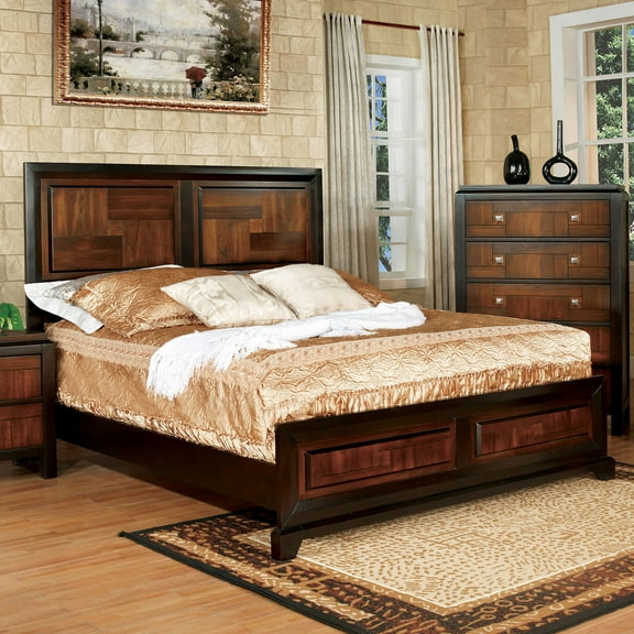 Queen Size Bed Acacia Panel Headboard Footboard Unique Two Tone Walnut Finish Bedframe 1pc Bedroom Furniture Bed