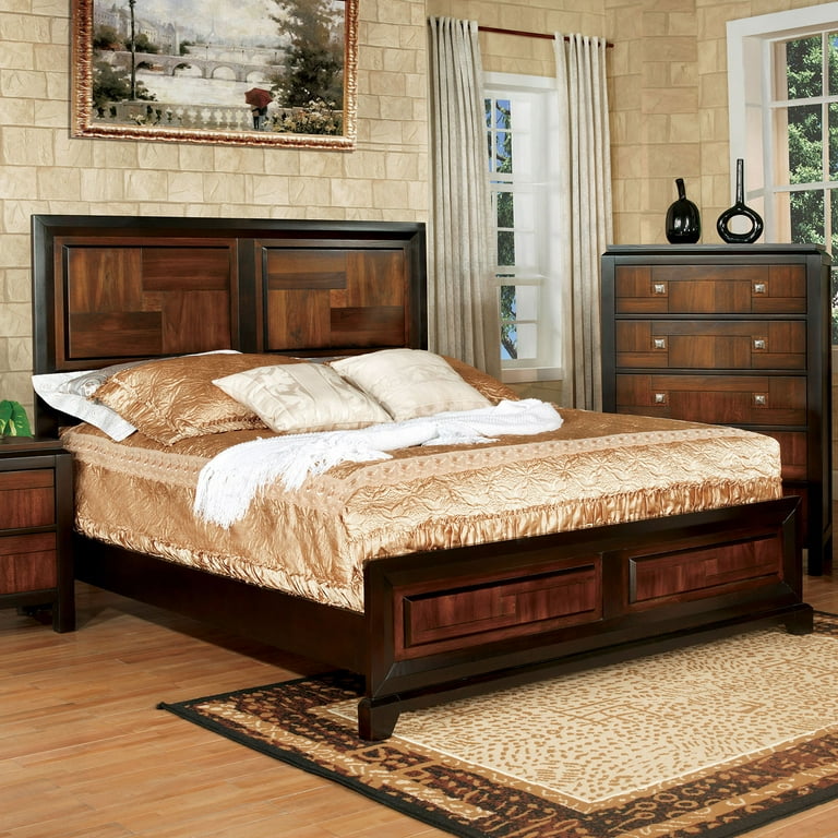 Walnut Acacia Finish Two Tone 3pc Master Bedroom Furniture Set Queen Size Bed 2x Nightstands Transitional Look Solid wood