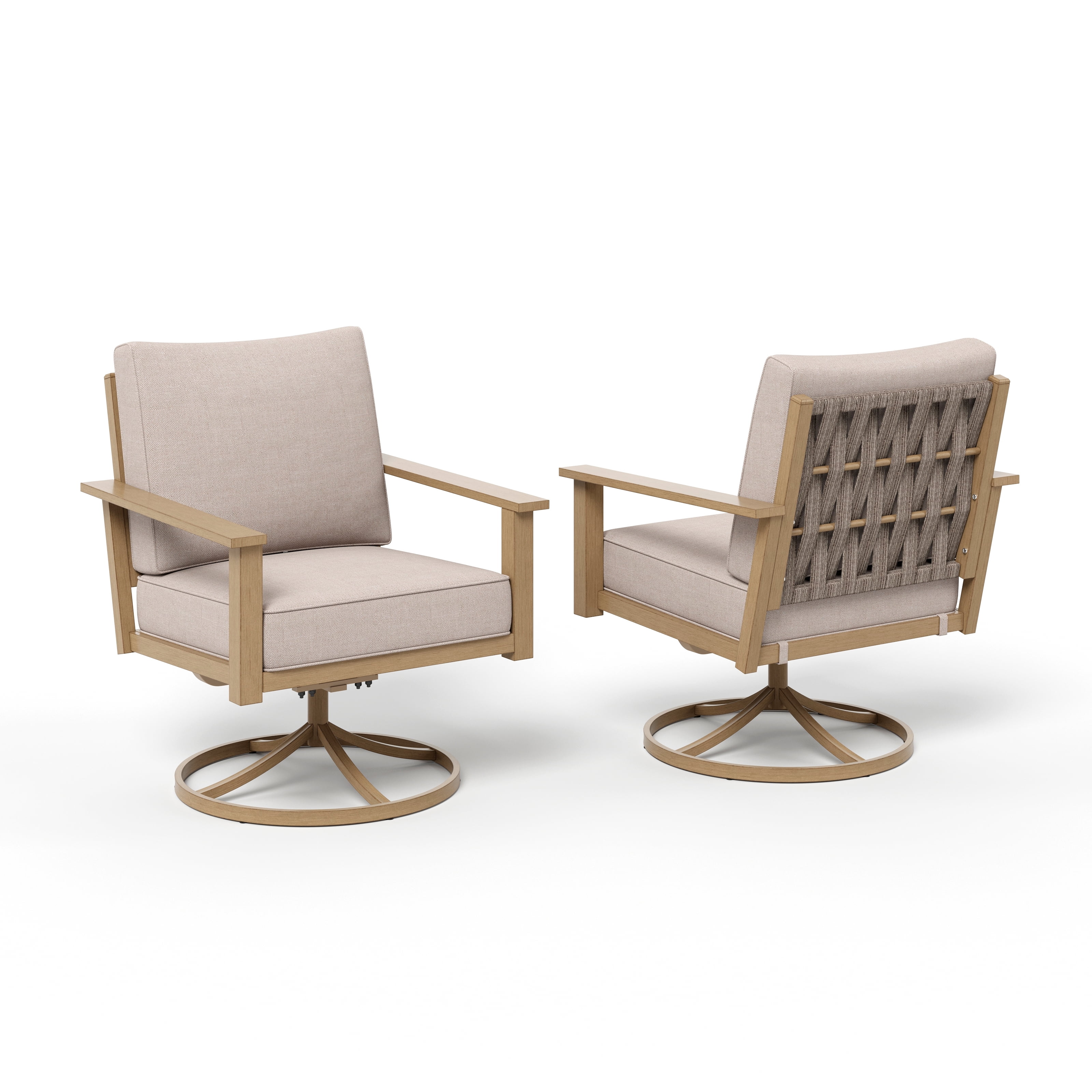 Summit Living 7-Seat Woven Rope Outdoor Patio Furniture Sets, Wood-Grain Metal Outdoor Patio Conversation Set with Swivel Chairs & Nesting Coffee Table, Beige