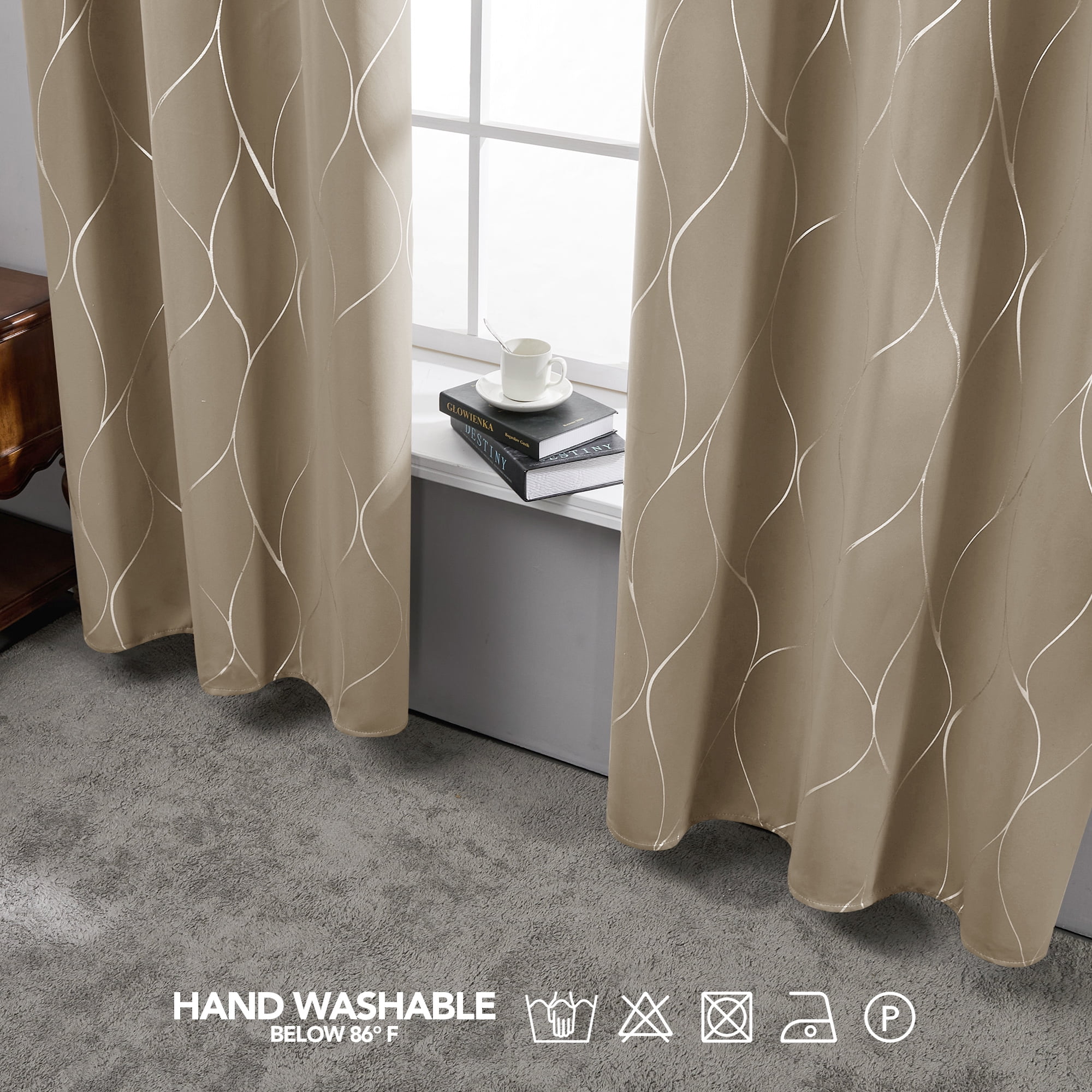 Deconovo Silver Wave Foil Print Blackout Curtain for Living Room, 42W x 72L inch, 2 Panels, Khaki