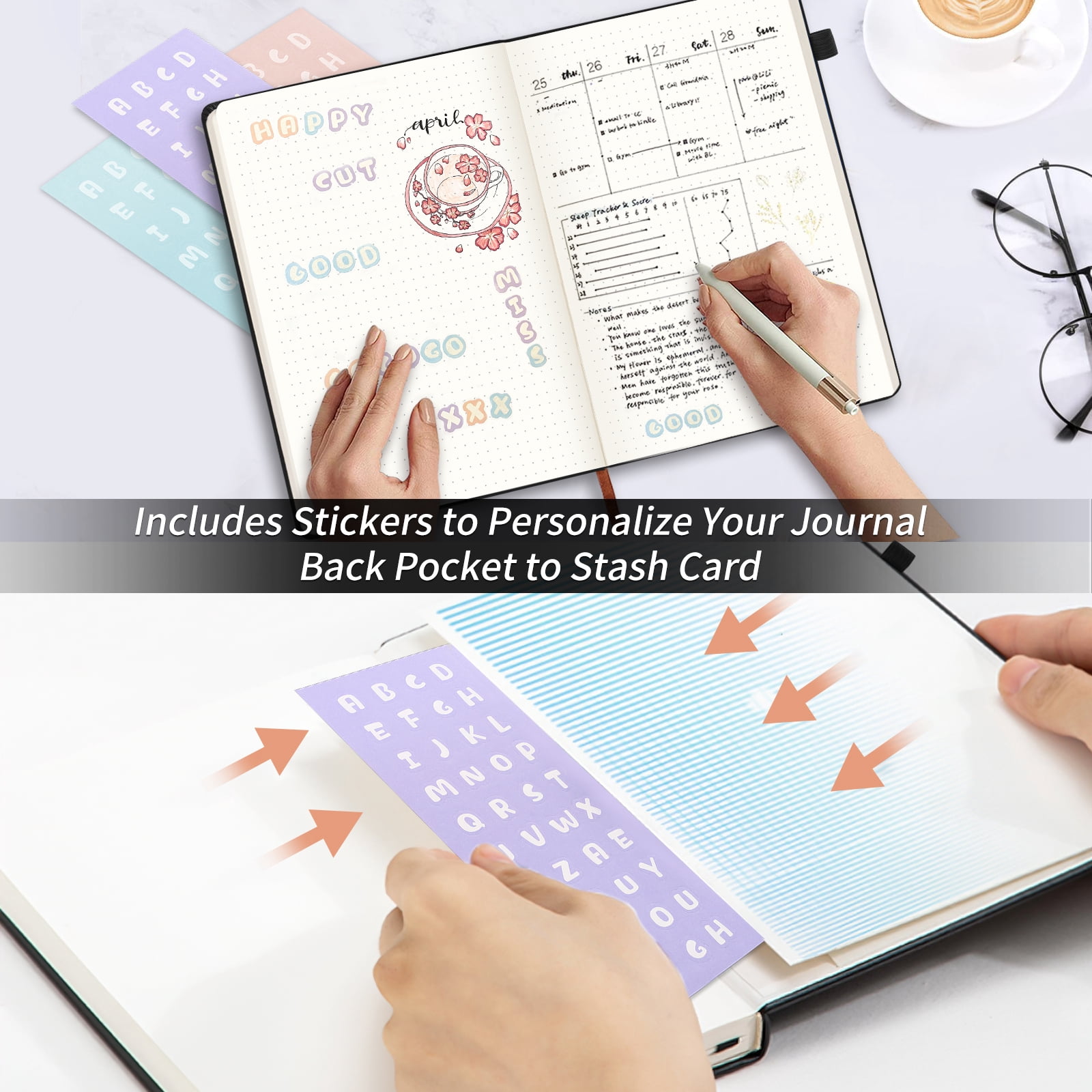 1Pack Small Journal Notebook,Hardcover Journals for Women Men,Dotted,Grid,Pen Loop, Stickers,A6,100 gsm Thick Paper,160 Pages,3.6in x 5.6in