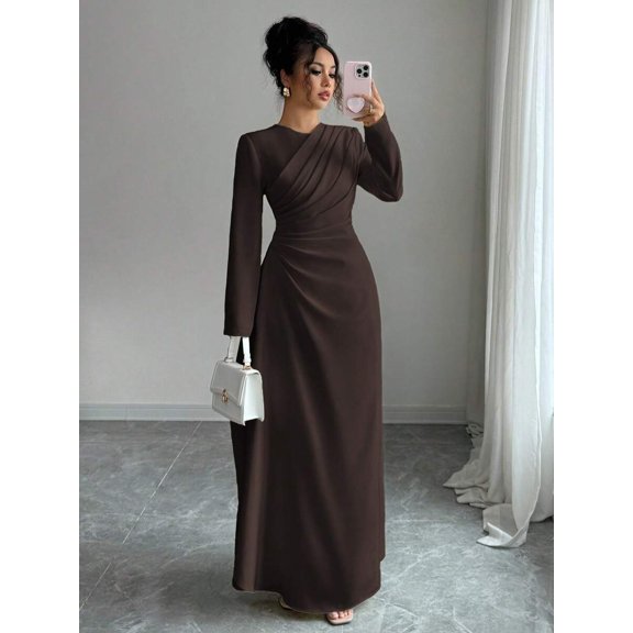 Womens Elegant Chocolate Brown Long Sleeve Maxi Dress - Round Neck Waist