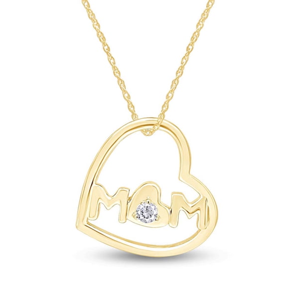 AFFY Mother's Day Jewelry Gifts Round Cut White Cubic Zirconia Open Heart Mom Pendant Necklace In 14k Yellow Gold Over Sterling Silver