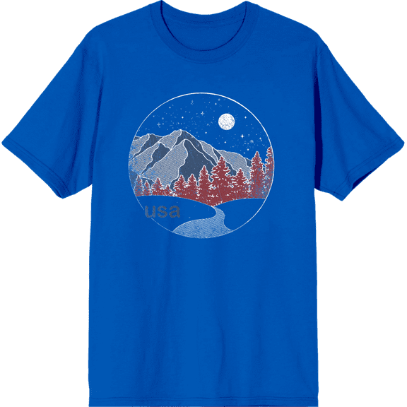 Americana Mountains and Trees Line Adult Royal Blue Crew Neck Short Sleeve Tee-Large