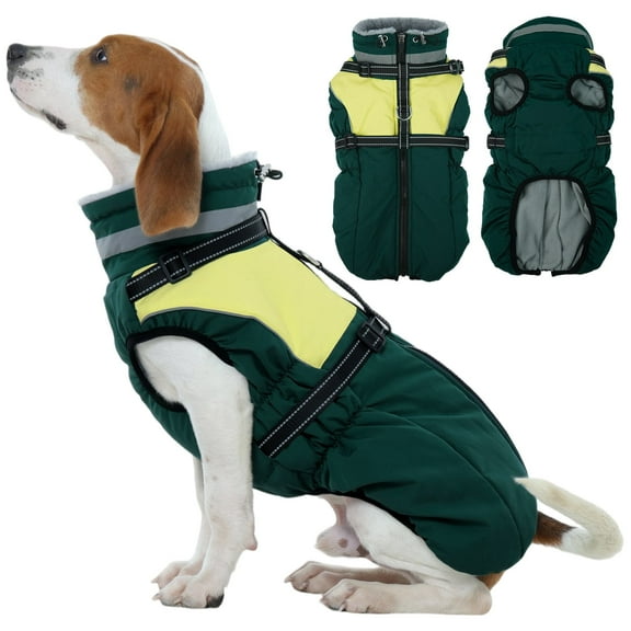 Kuoser Dog Winter Coat, 2 in 1 Pet Jacket with Harness Built in, Small Dog Clothes, Waterproof and Windproof, Green