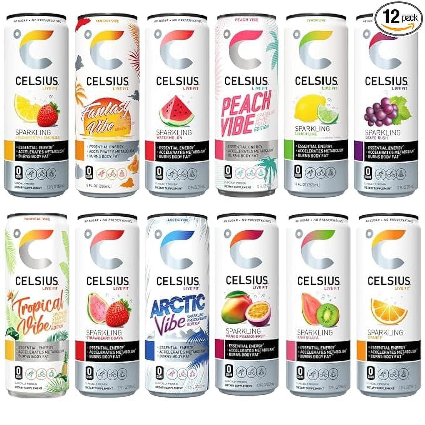 Celsius Sparkling Energy Drink - No Sugar or Preservatives | 12 fl oz, Slim Cans - Assorted Variety 12 Pack